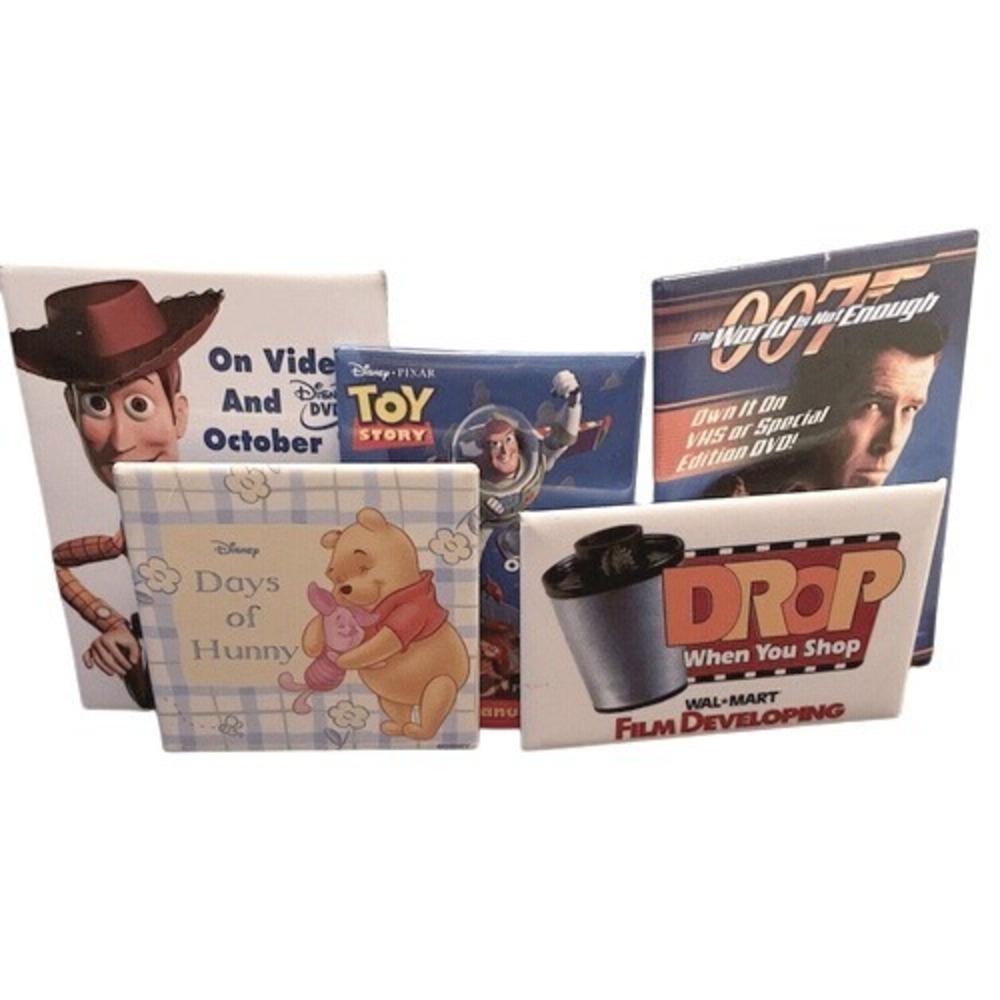 Vtg Lot 5 Walmart Employee Pins Toy Story 2 James Bond 007 Winnie Pooh Film Drop